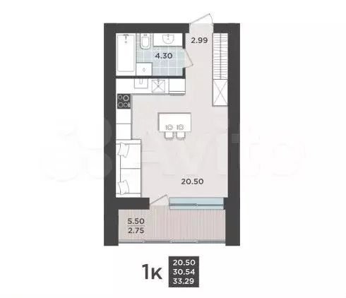 1-к. квартира, 33,3 м, 7/9 эт. - Фото 1