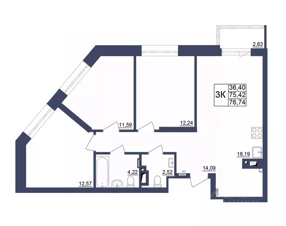 3-к кв. Башкортостан, Уфа Космос жилой комплекс, лит1 (76.33 м) - Фото 1