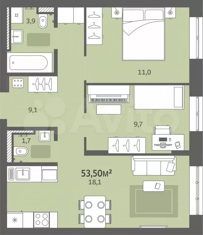 2-к. квартира, 53,5 м, 5/8 эт. - Фото 0