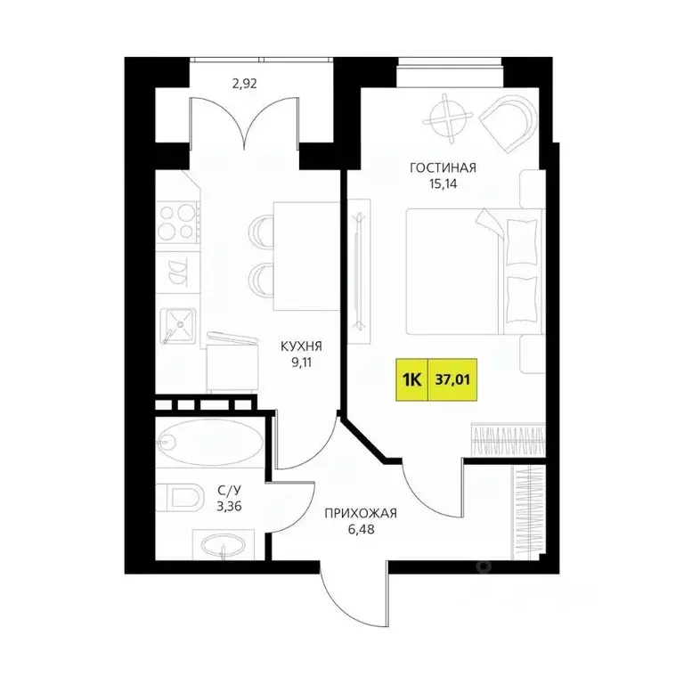 1-к кв. Дагестан, Дербент  (37.01 м) - Фото 1