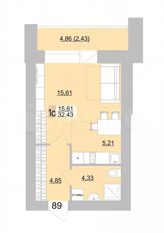 Квартира-студия, 32,4 м, 15/16 эт. - Фото 0