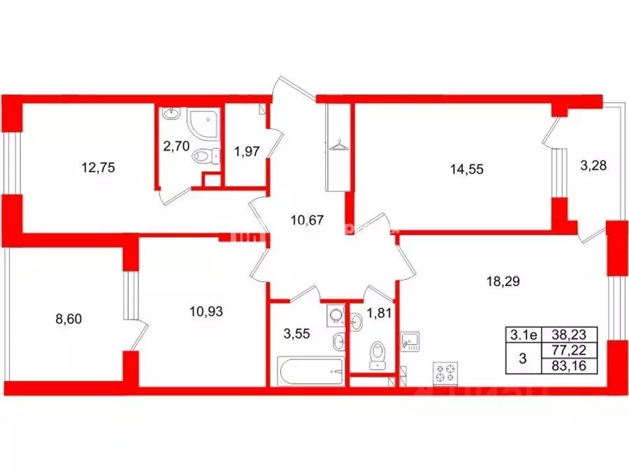 3-к кв. Санкт-Петербург Пулковское ш., 99к4 (77.22 м) - Фото 1