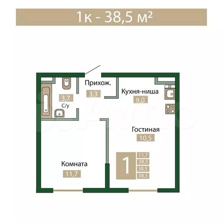 1-к. квартира, 38,5 м, 2/12 эт. - Фото 0