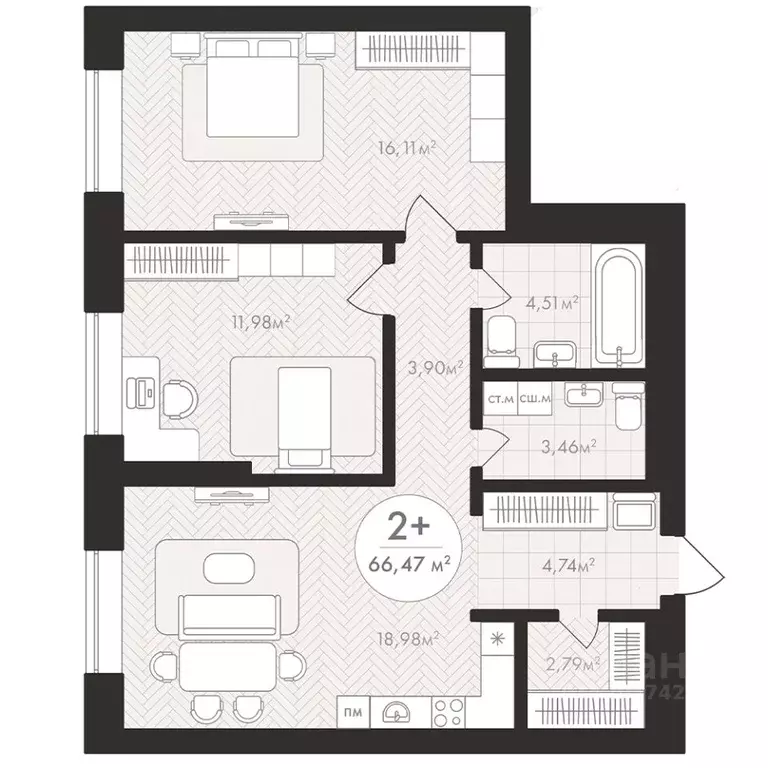 2-к кв. Башкортостан, Уфа Южный-2 мкр,  (66.47 м) - Фото 1
