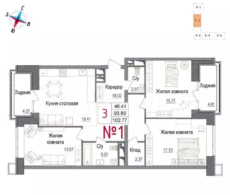 3-к. квартира, 102,8 м, 6/7 эт. - Фото 0