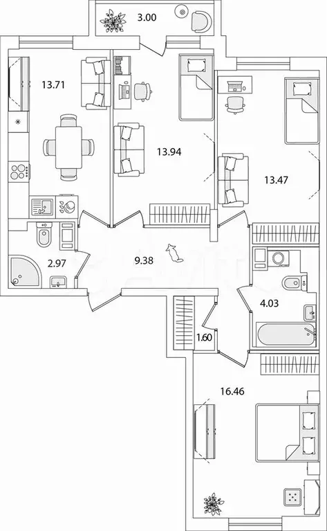 3-к. квартира, 77,1 м, 7/9 эт. - Фото 1