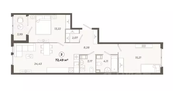 2-к кв. Санкт-Петербург ул. Коли Томчака, 21Д (72.49 м) - Фото 0
