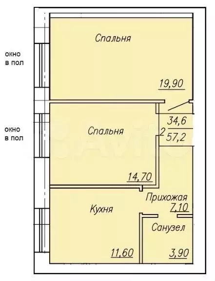 2-к. квартира, 57,2 м, 2/4 эт. - Фото 0