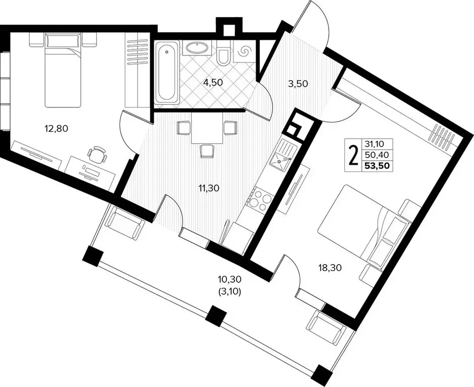 2-комнатная квартира: село Сукко, жилой комплекс Кипарис (53.5 м) - Фото 1