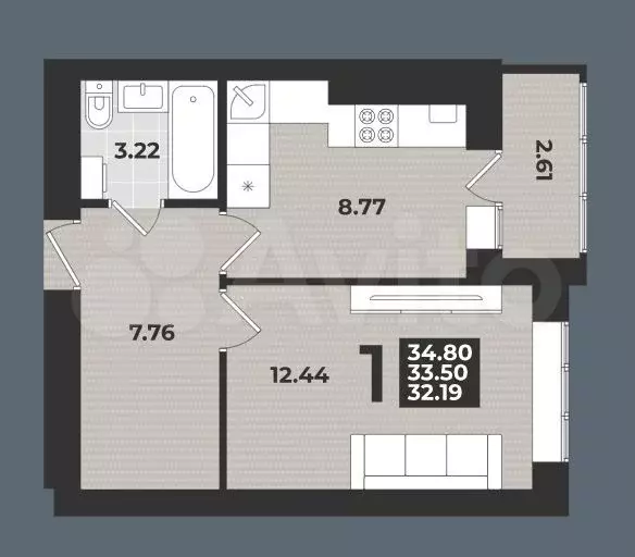 1-к. квартира, 34,8 м, 1/9 эт. - Фото 1