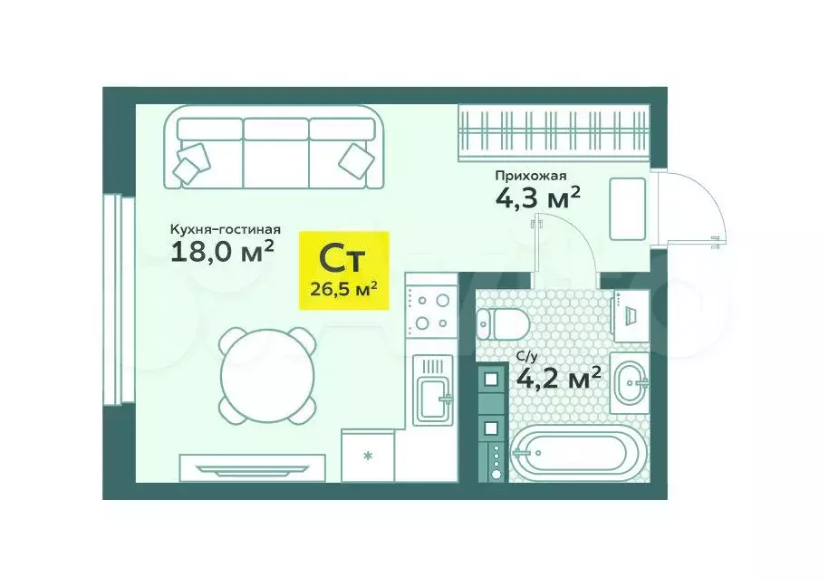 Квартира-студия, 26,5м, 4/4эт. - Фото 0