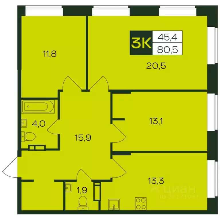 3-к кв. Чувашия, Чебоксары просп. Чебоксарский (81.0 м) - Фото 1
