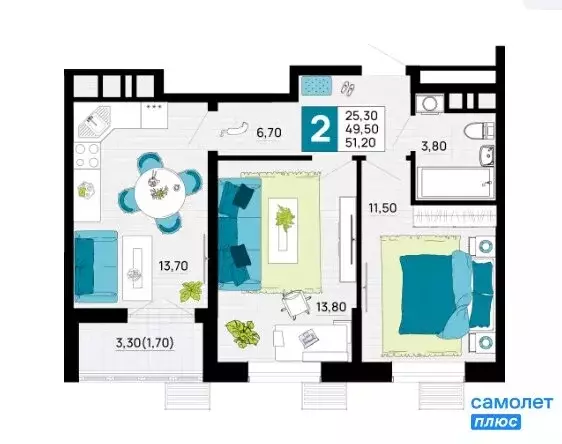 2-комнатная квартира: Яблоновский, улица Пушкина, 26/1 (51.2 м) - Фото 1