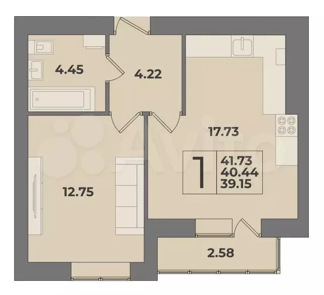 1-к. квартира, 40,4 м, 1/9 эт. - Фото 1