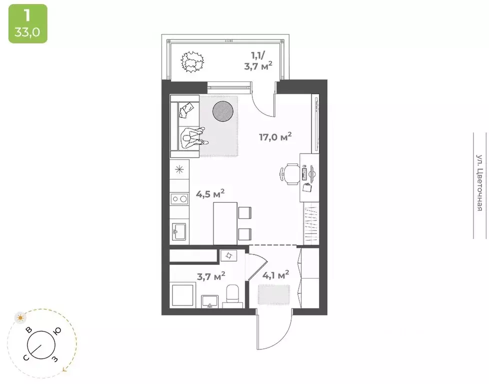 Студия Тверская область, Тверь Соминка мкр,  (30.4 м) - Фото 1