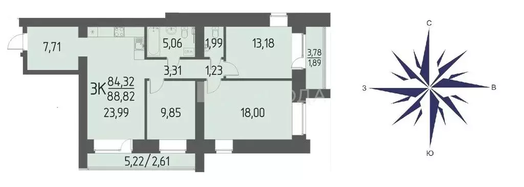 3-комнатная квартира: Кисловка, микрорайон Левобережный, улица Петра ... - Фото 0