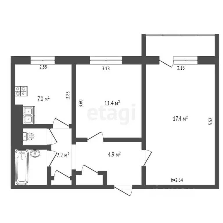 2-к кв. Ямало-Ненецкий АО, Ноябрьск ул. 8 Марта, 5 (49.6 м) - Фото 1