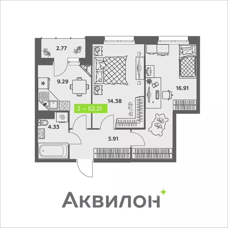 2-к кв. Архангельская область, Архангельск ул. Валявкина, 38к2 (52.21 ... - Фото 0