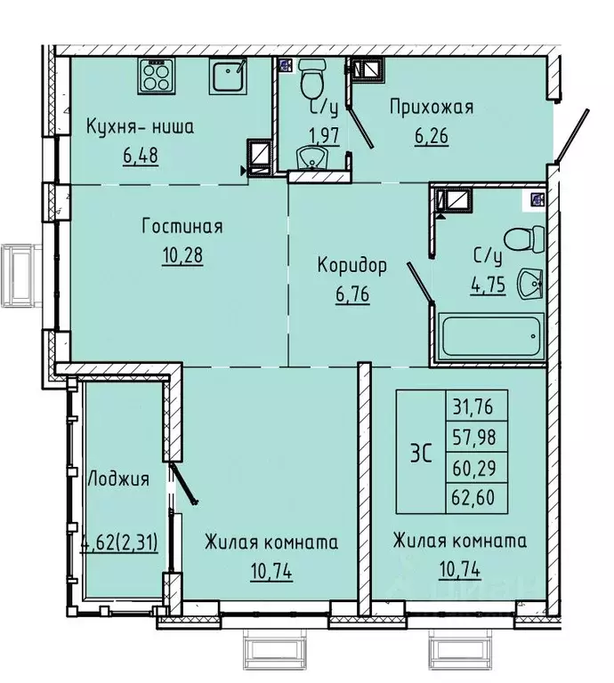 2-к кв. Ростовская область, Ростов-на-Дону ул. Текучева, 370/3 (59.2 ... - Фото 0