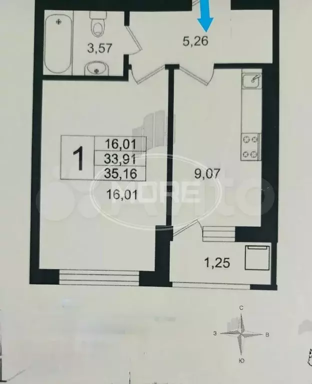 1-к. квартира, 34,3 м, 7/7 эт. - Фото 0