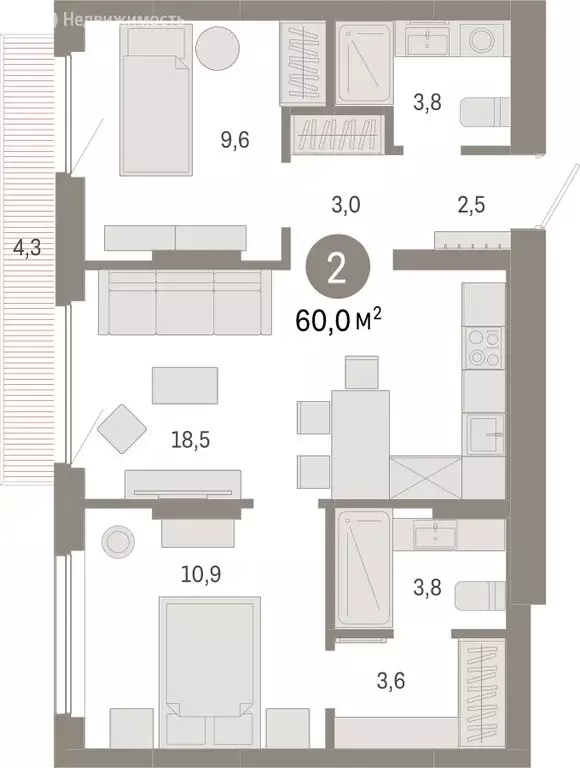 2-комнатная квартира: Новосибирск, квартал Лебедевский (60 м) - Фото 1