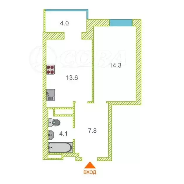 1-комнатная квартира: Тюмень, Линейная улица, 23 (40.3 м) - Фото 1