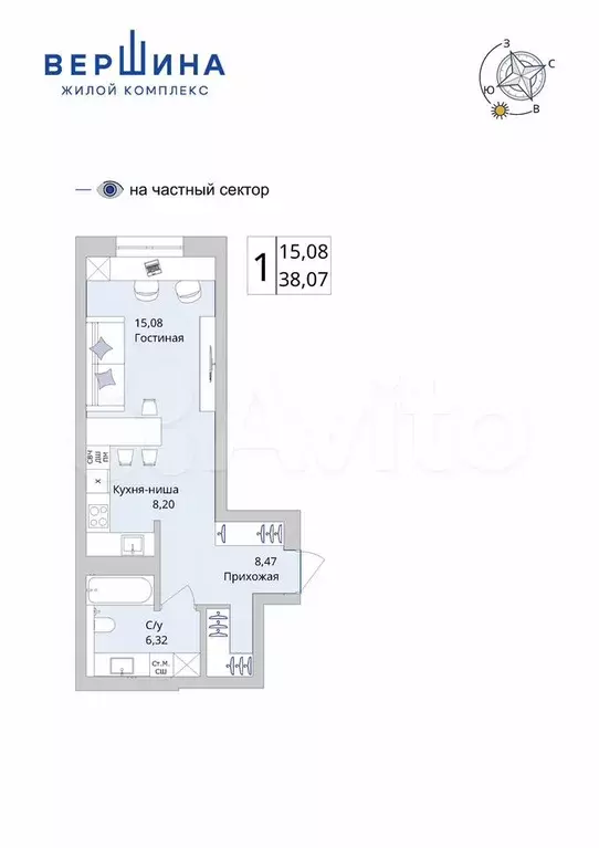 Квартира-студия, 38,1 м, 18/25 эт. - Фото 1