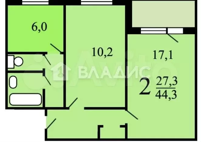 2-к. квартира, 44,3 м, 1/9 эт. - Фото 0