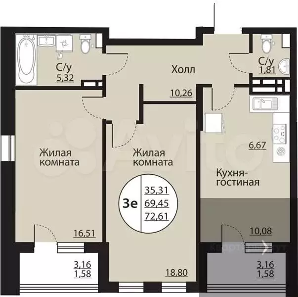 2-к. квартира, 72,6 м, 18/24 эт. - Фото 0