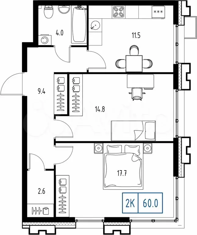 2-к. квартира, 60 м, 2/9 эт. - Фото 0