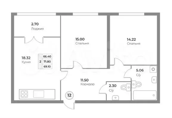 2-к. квартира, 69,1 м, 3/4 эт. - Фото 1