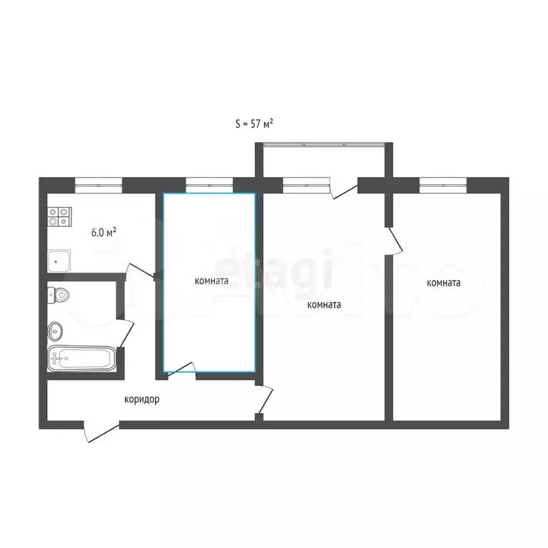 3-к. квартира, 57,3 м, 3/5 эт. - Фото 0