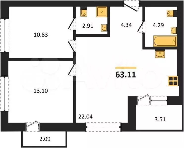 2-к. квартира, 63,1 м, 2/5 эт. - Фото 1