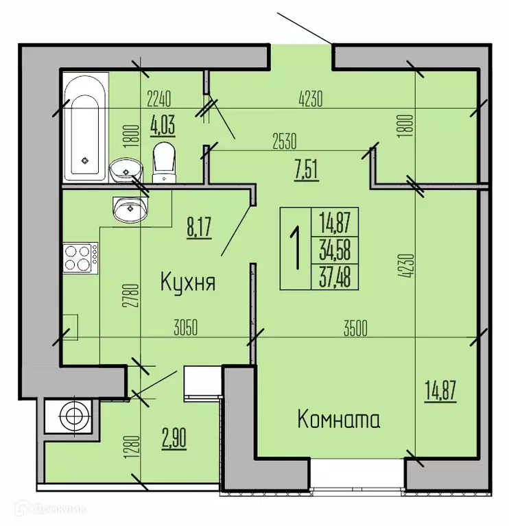 Продаётся 1-к квартира, 37.48 м - Фото 1