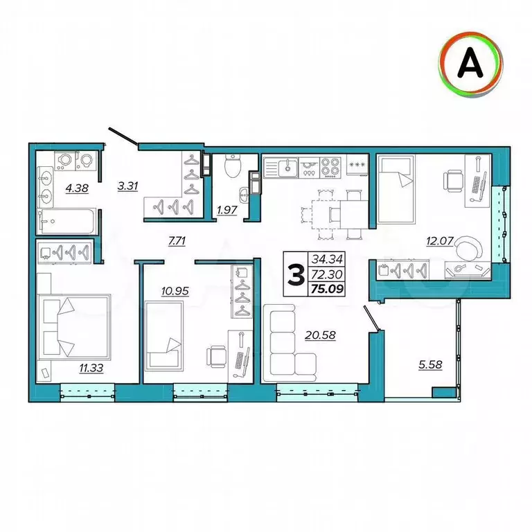 3-к. квартира, 75,1 м, 12/16 эт. - Фото 1