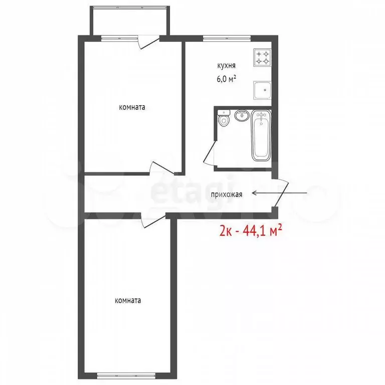 2-к. квартира, 44,1 м, 5/5 эт. - Фото 1
