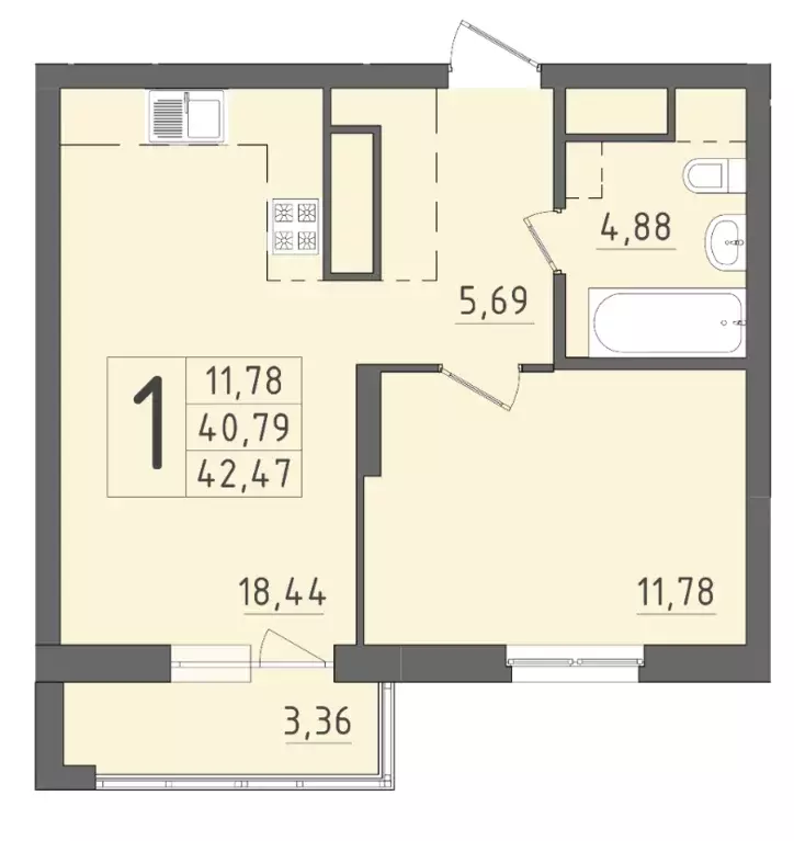 1-к квартира, 42.47 м - Фото 0