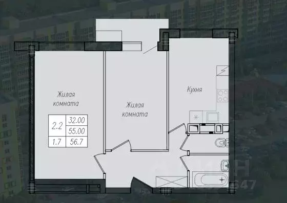 2-к кв. Курская область, Курск ул. Энгельса, 158к1 (56.7 м) - Фото 1