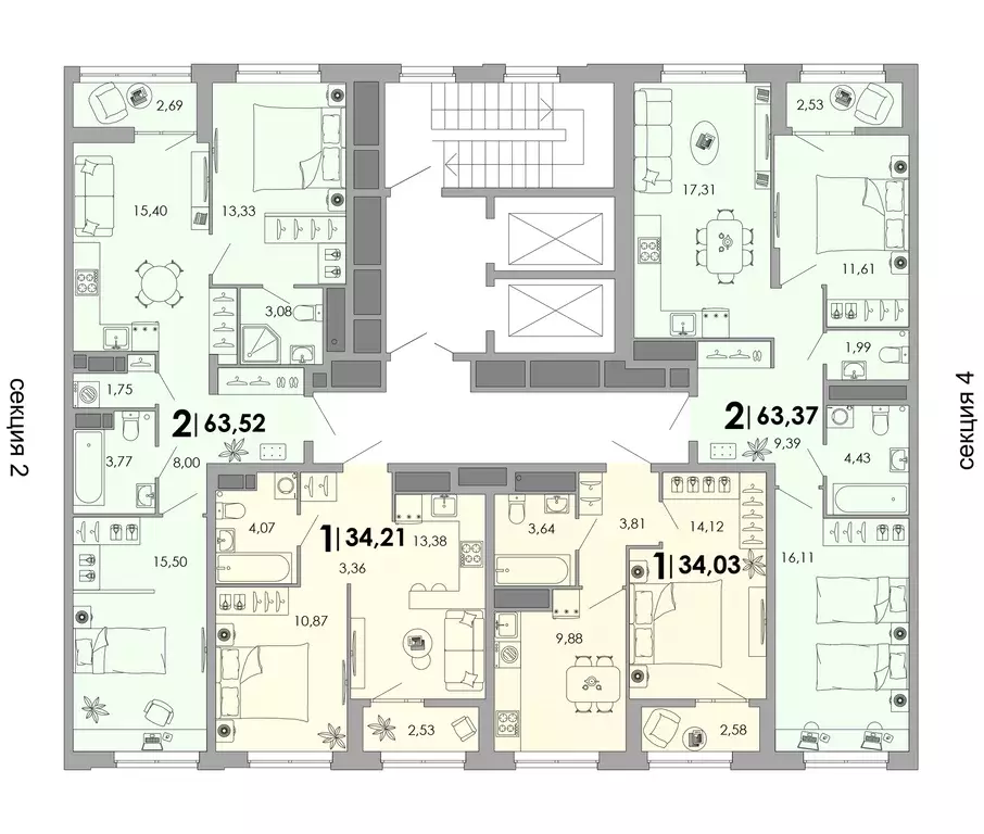 2-к квартира, 63.37 м - Фото 1