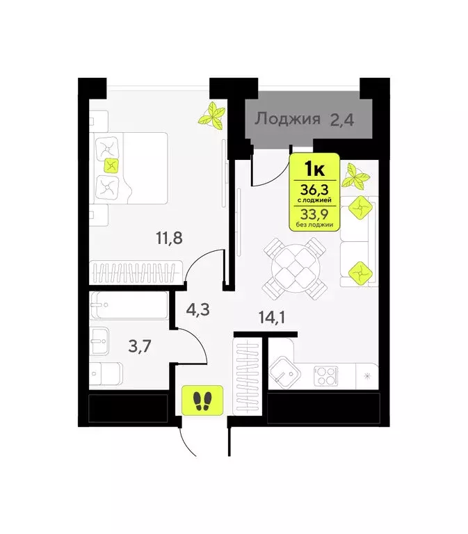 1-комнатная квартира: Тюмень, улица Андрея Приказнова, 1 (36.3 м) - Фото 1