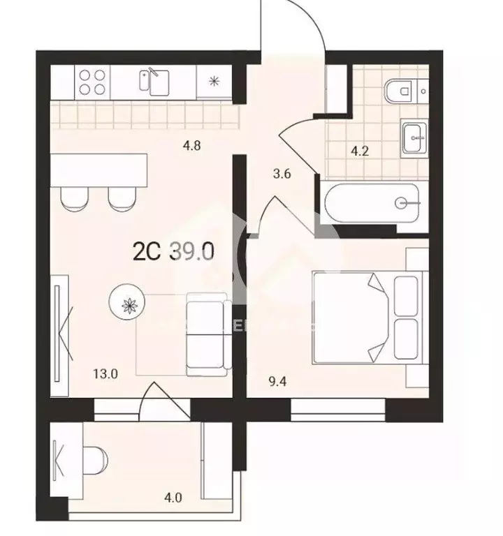 Квартира, 2 комнаты, 39 м - Фото 1