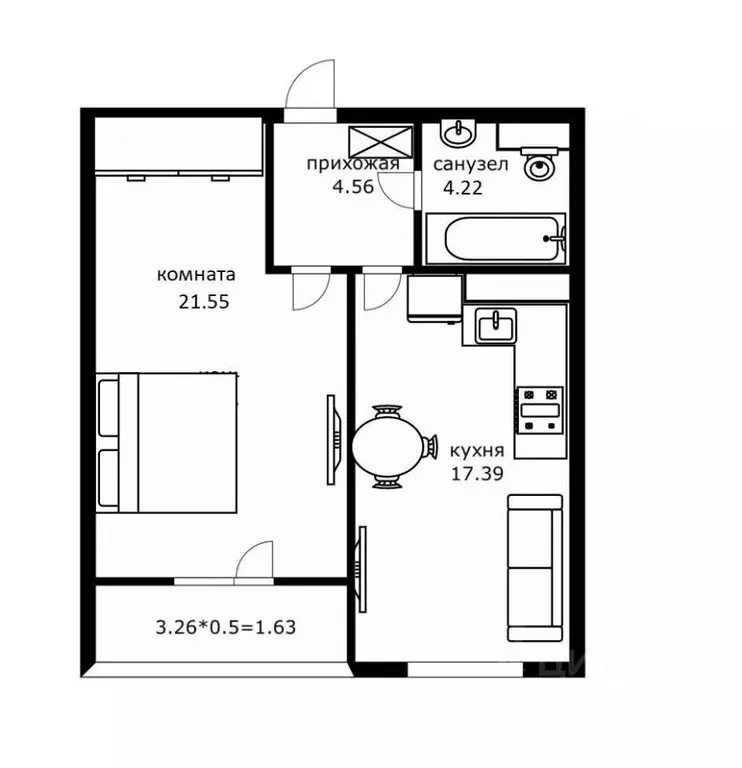 1-к кв. Краснодарский край, Краснодар Школьный мкр, ул. Школьная, 1 ... - Фото 2