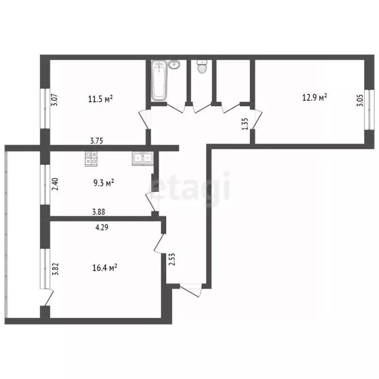 3-к кв. Тюменская область, Тюмень Флотская ул., 11 (69.4 м) - Фото 2