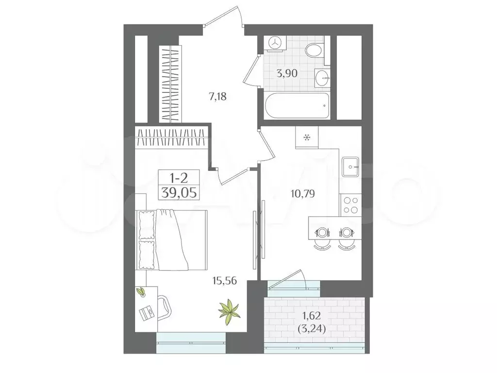 1-к. квартира, 39,1 м, 6/23 эт. - Фото 0
