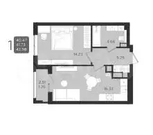 1-к. квартира, 41,7 м, 1/9 эт. - Фото 1