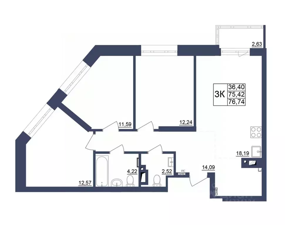 3-к кв. Башкортостан, Уфа Космос жилой комплекс, лит1 (76.43 м) - Фото 1