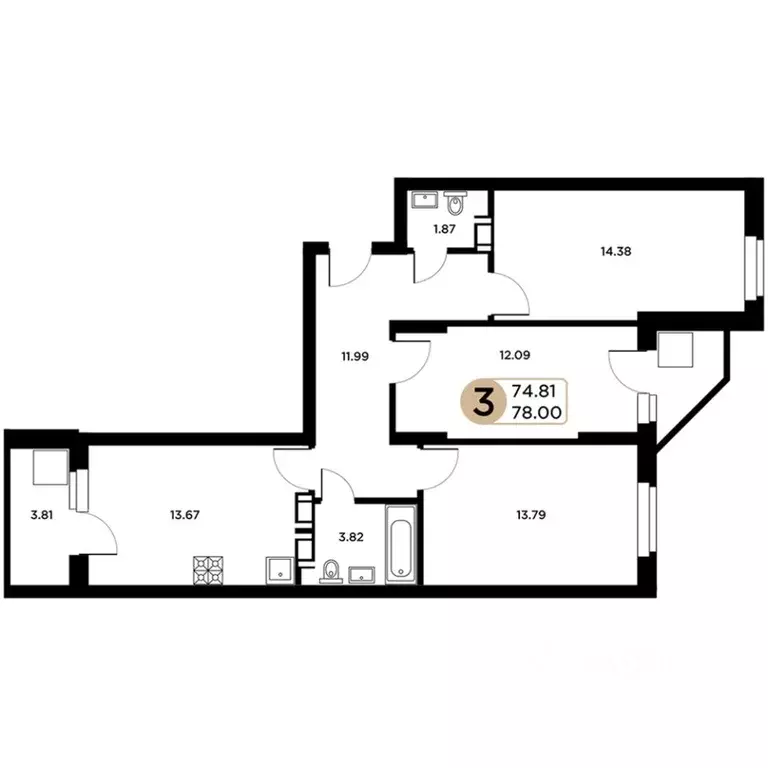 3-к кв. Самарская область, Самара Московское шоссе, 18-й км, 53 (77.0 ... - Фото 1