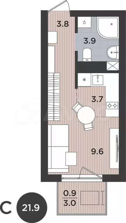 1-к. квартира, 21,9 м, 9/9 эт. - Фото 1