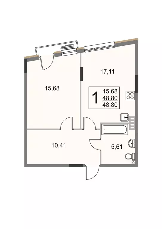 1-к квартира, 48.6 м - Фото 0