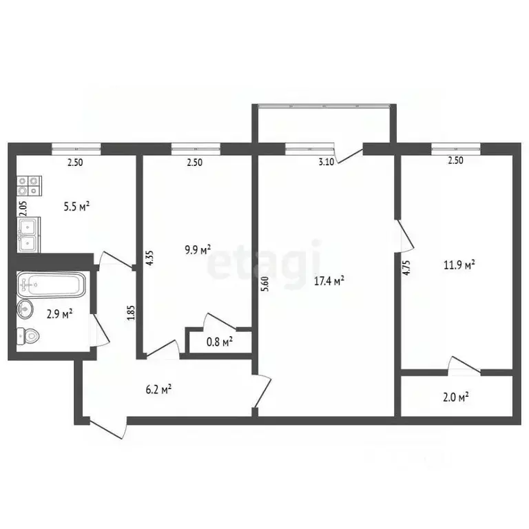 3-к кв. Татарстан, Альметьевск Девонская ул., 93 (57.4 м) - Фото 2